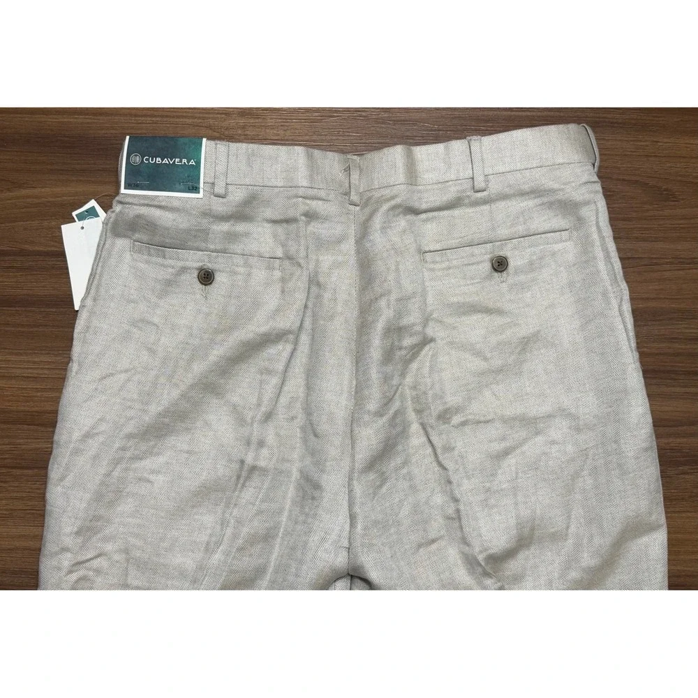 Cubavera Men's Linen Blend Flat Front Herringbone Pants Beige Sz 36x32 NWT